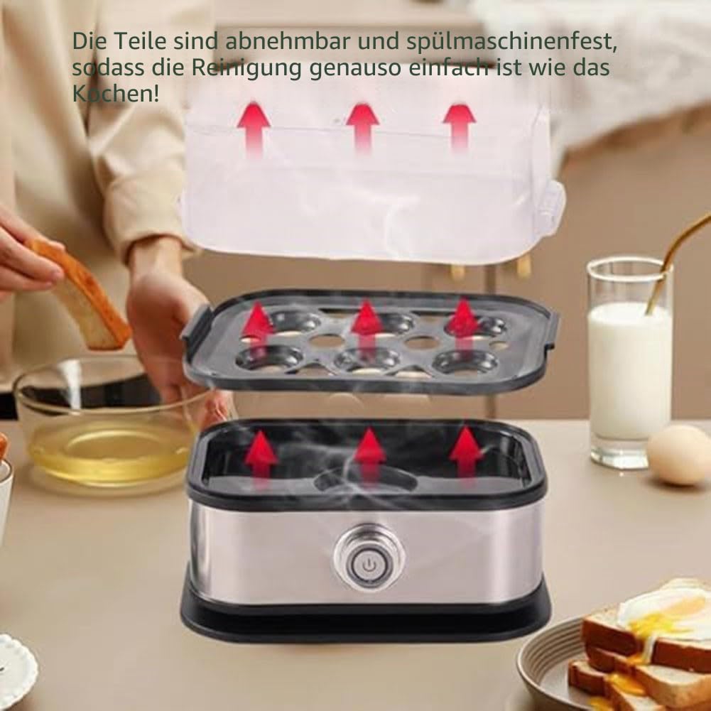 6-in-1 Eierkocher aus Edelstahl, Eierkocher mit automatischer Abschaltung, 6 Eierkapazität, spülmaschinenfest, herausnehmbare Tabletts (europäische Vorschriften)