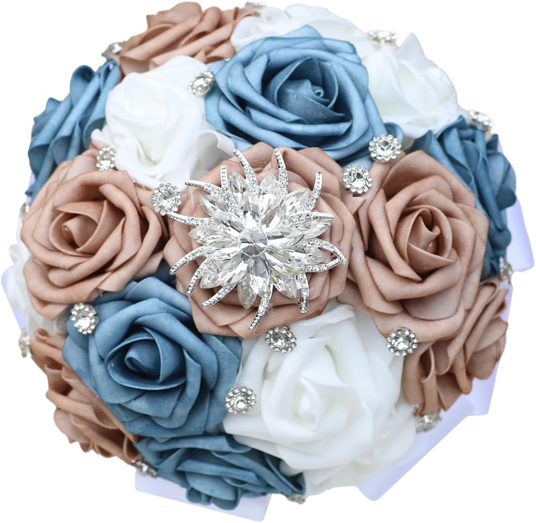 Handmade Artificial PE Rose Wedding Bouquet with Rhinestones Soft Ribbons Suit for Brides Bridesmaids Bridal Showers Toss Brown Dusty Navy Blue