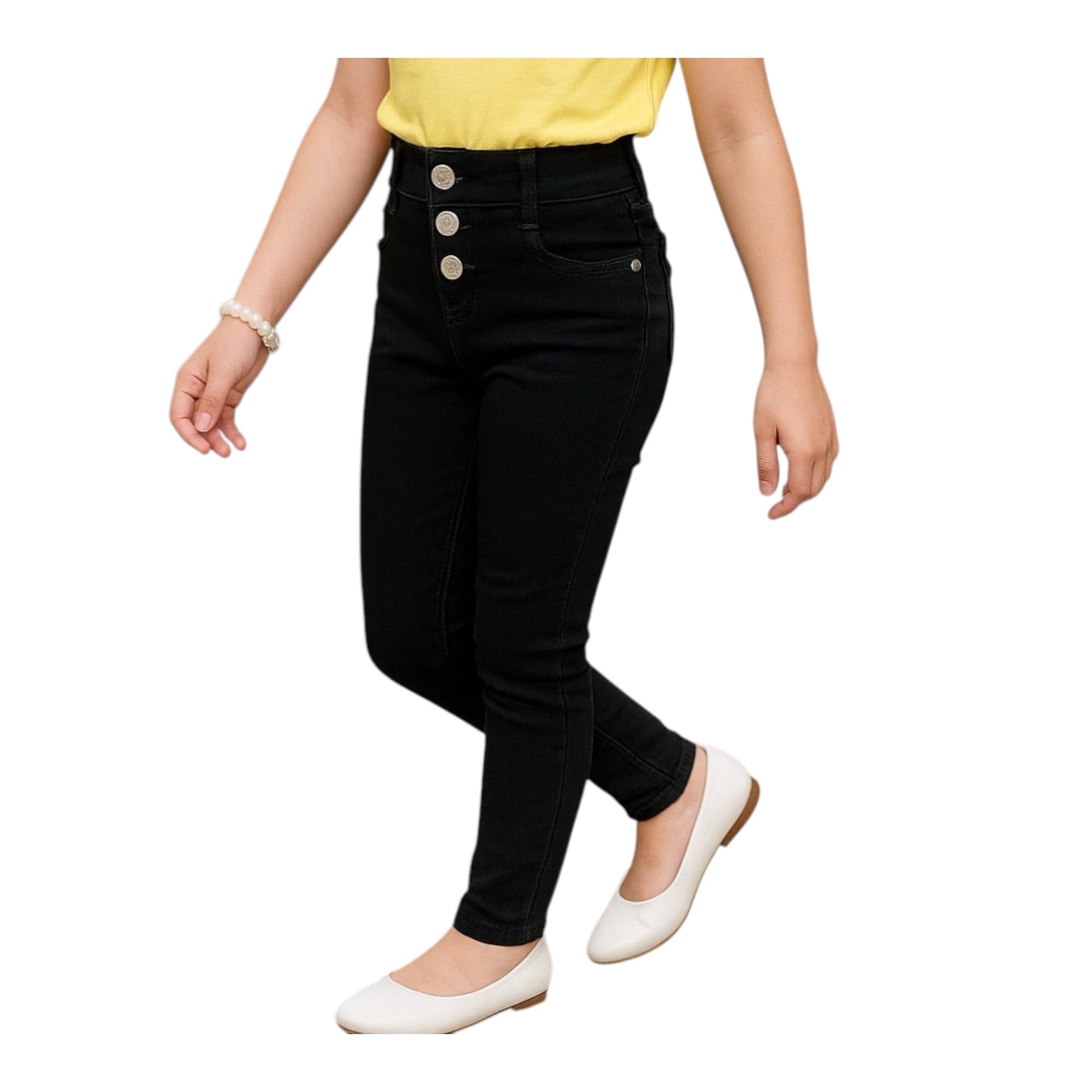 Girls High Waist Black Jeans, Three Button Front, Slim Fit Denim Pants-image-3