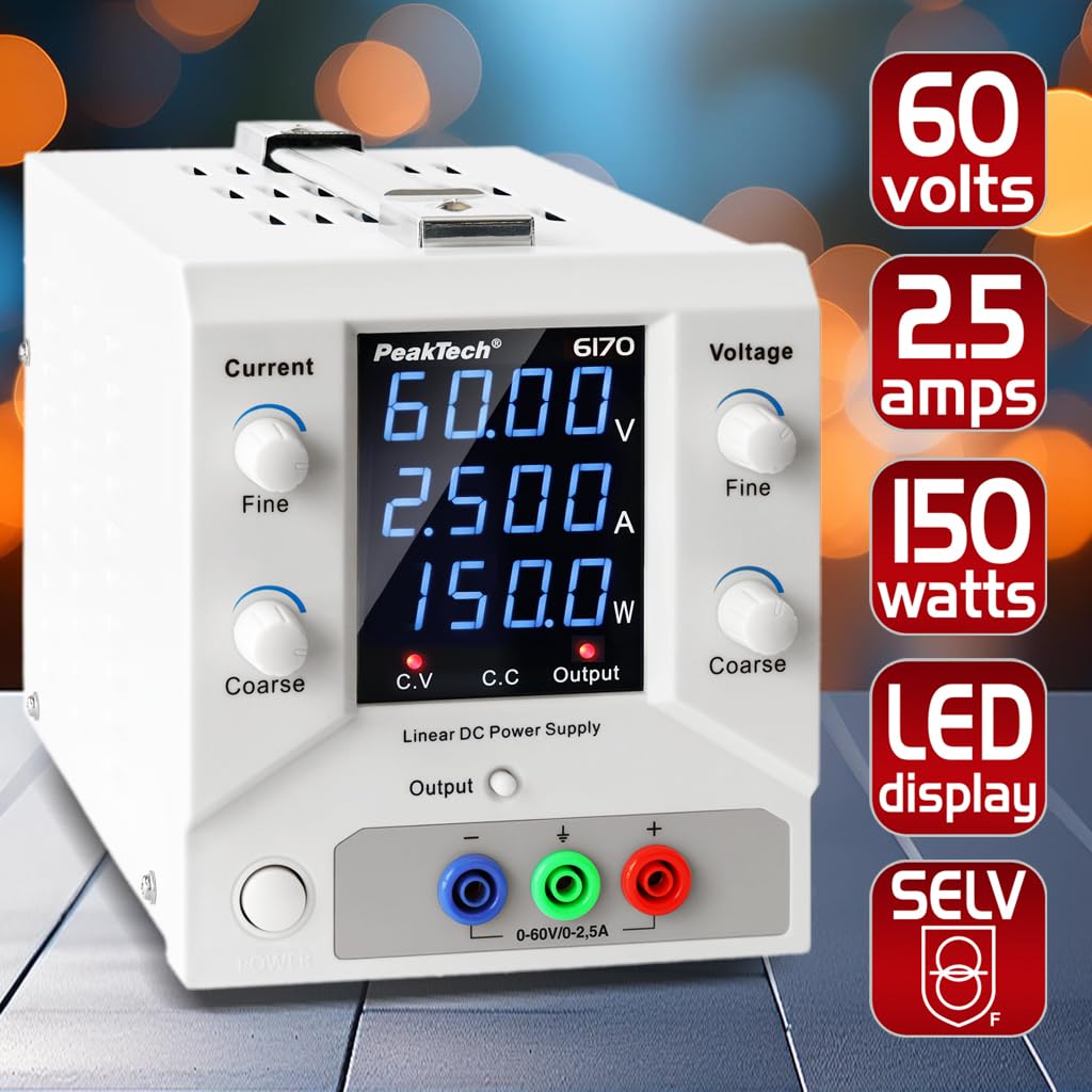 PeakTech 6170 - Alimentatore da laboratorio 0-60 V/0-2,5 A DC SELV lineare con trasformatore di separazione, alimentatore di rete da laboratorio