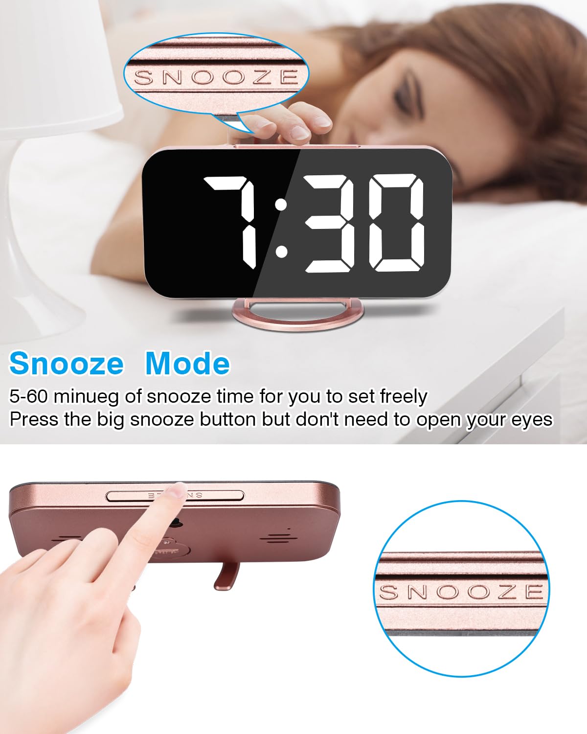 Reloj despertador digital, pantalla grande con espejo LED de 7 pulgadas, con puertos de cargador USB duales, función de repetición, modernos relojes electrónicos de pared de escritorio para