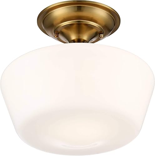 Miniatura 4 de Regency Hill Schoolhouse - Juego de 2 lámparas de techo rústicas de 12 pulgadas de metal dorado suave de ópalo blanco para dormitorio, cocina, sala