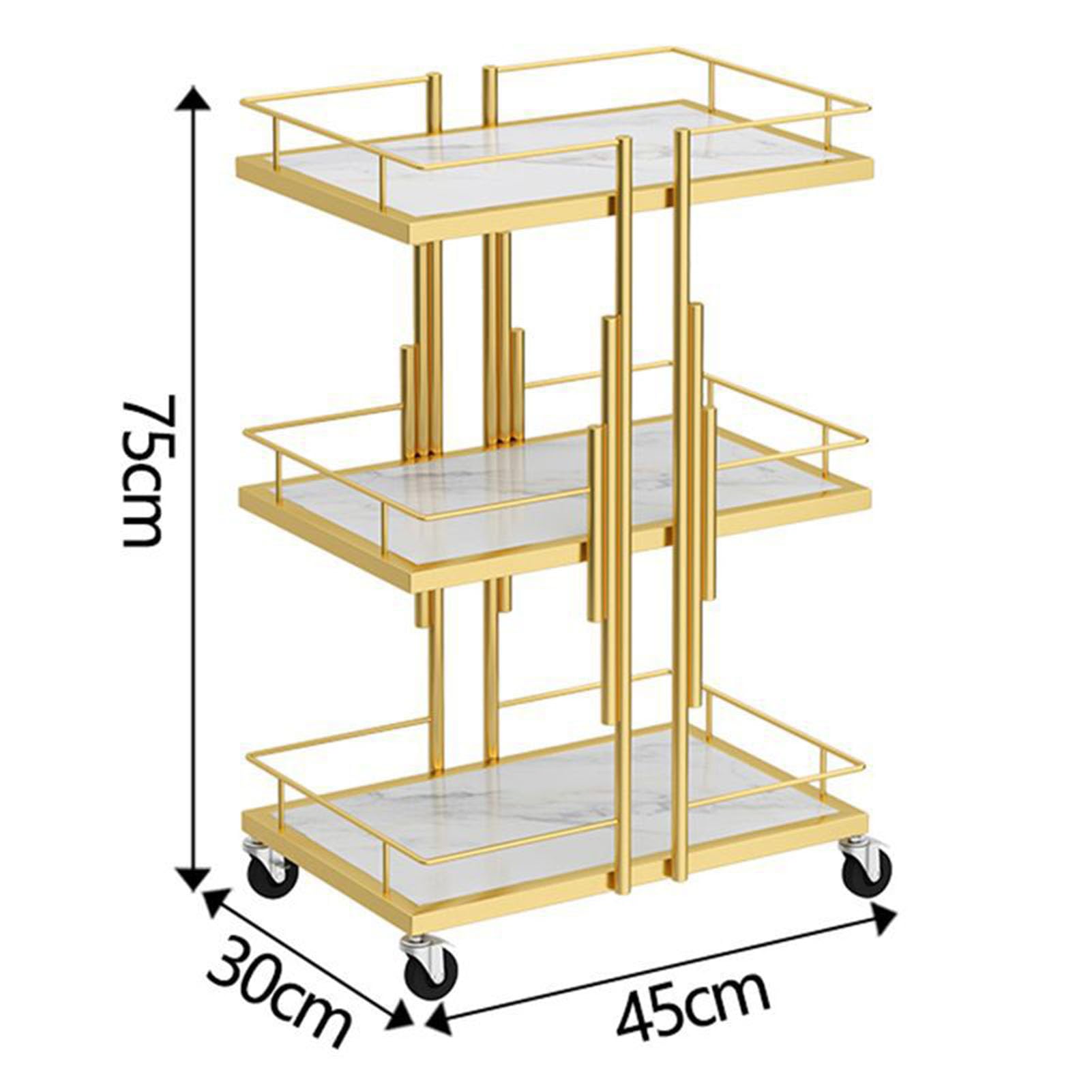 Chariot de Bar à 3 Niveaux, etagère pour Ongles et Cils d'institut de beauté, Chariot de Service Moderne avec roulettes, pour Cuisine, Salle de Bain,d'or,45 * 30 * 75cm