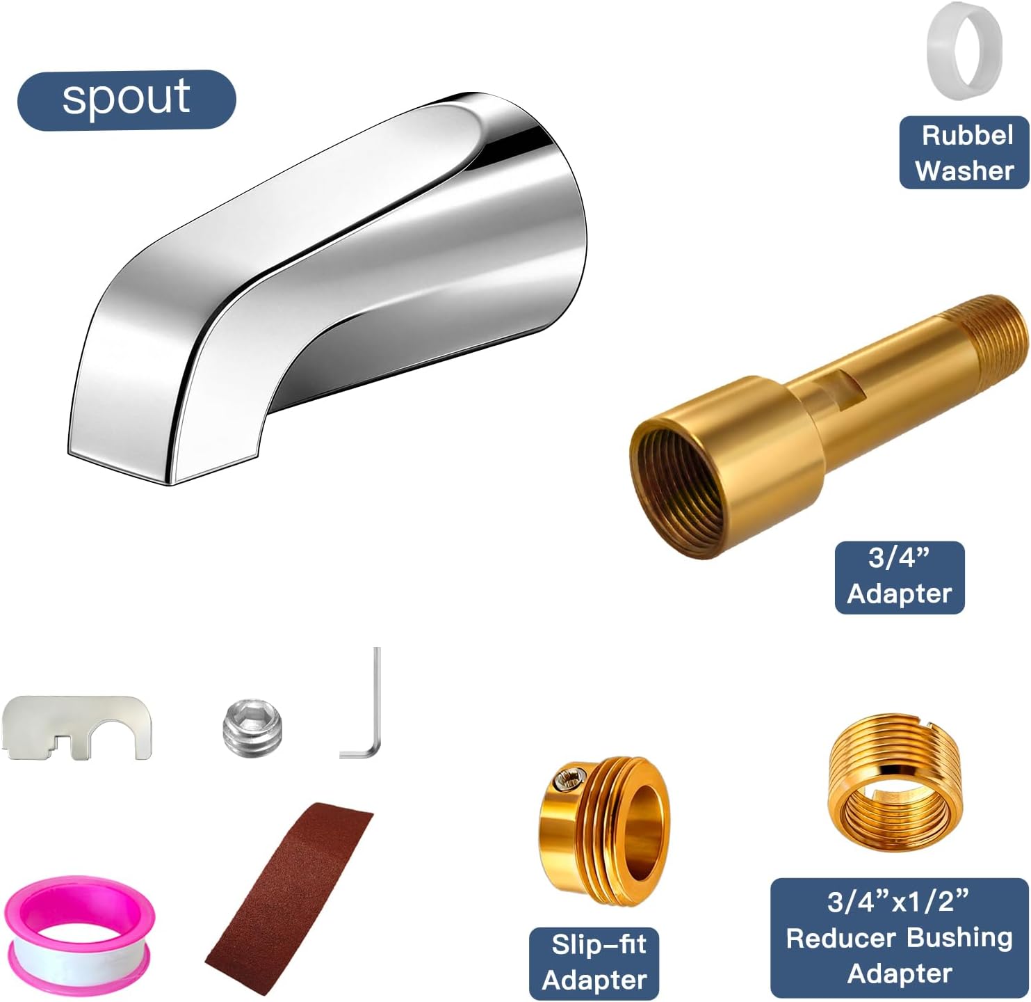 Bathtub Spout Without Diverter, All Metal,5.3 Inch Tub Spout, Fits 1/2" Copper Slip-On and 1/2" or 3/4" IPS Threaded Pipes, Leak-Free, Slip Fit Tub Spout Without Diverter，Chrome