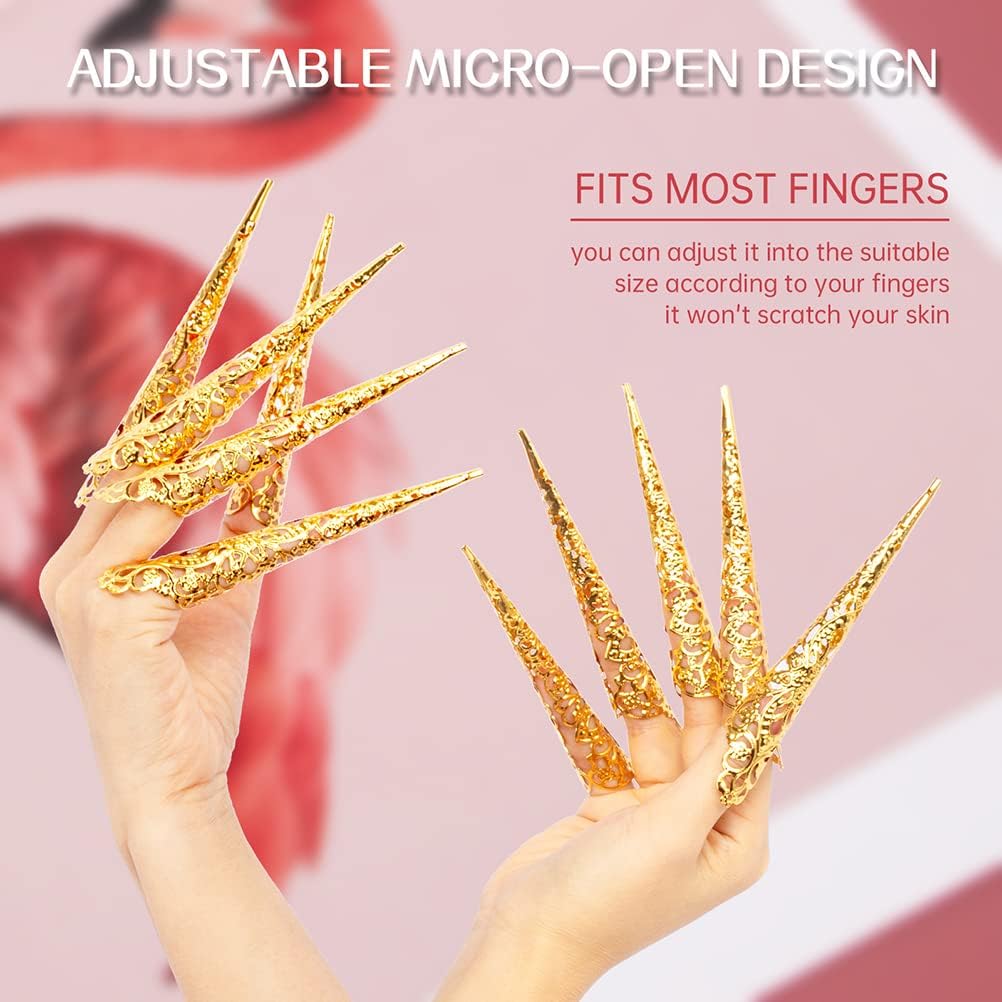 10 Pack Finger Nail Tip Claw Rings, Ancient Queen Costume Fingertip Claw Nail Rings Decoration Accessory, Colorfast, -proof and, for Cosplay Drama Dance Show (gold)