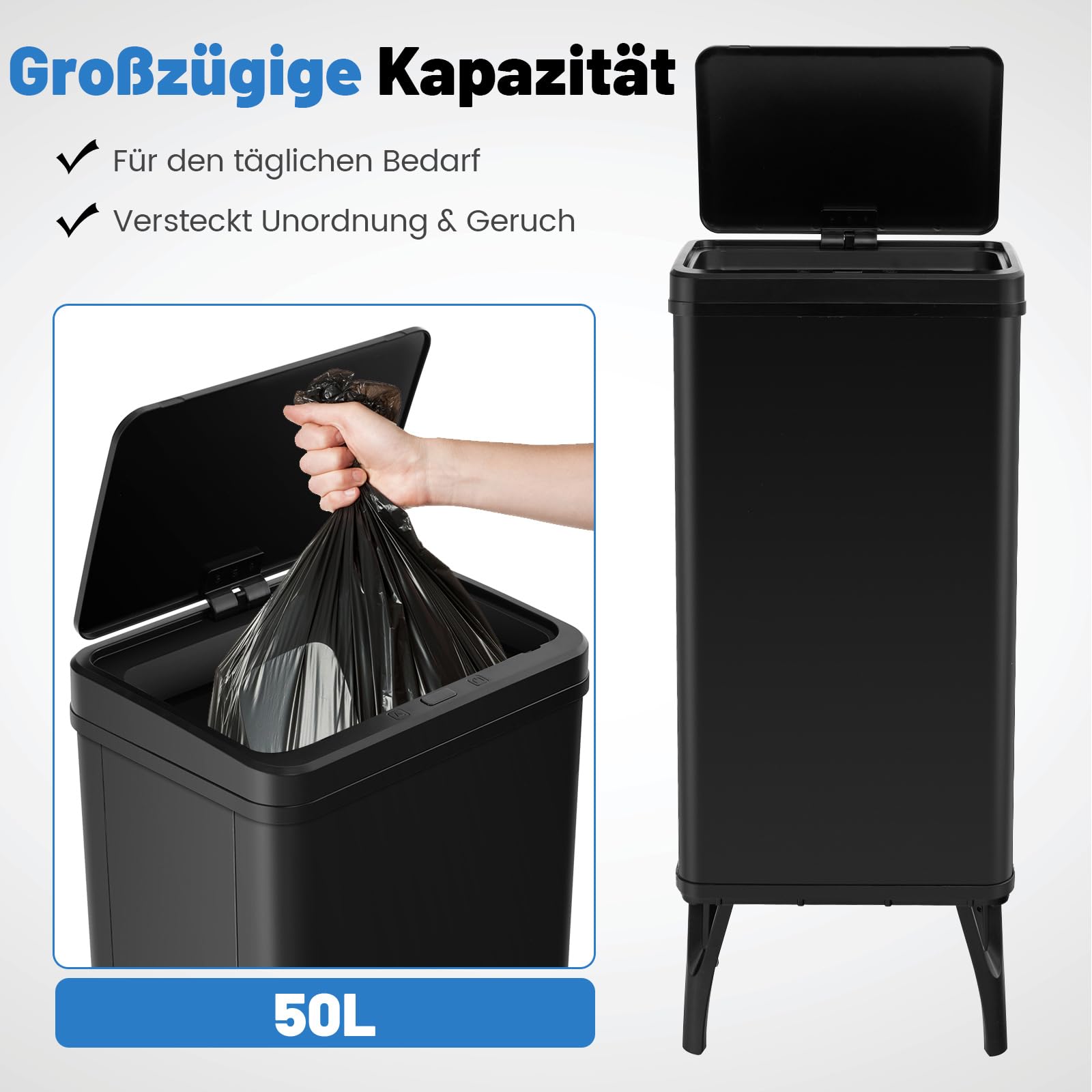 COSTWAY Afvalemmer van 50 liter, roestvrij staal met sensor, automatisch deksel en afneembare poten, afvalcontainer voor keuken, kantoor, 33,5 x 26 x 83,5 cm (zwart