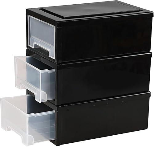 Cajones de almacenamiento negros de 6 cuartos de galón para escritorio, paquete de 3 cajas apilables de plástico para cajones