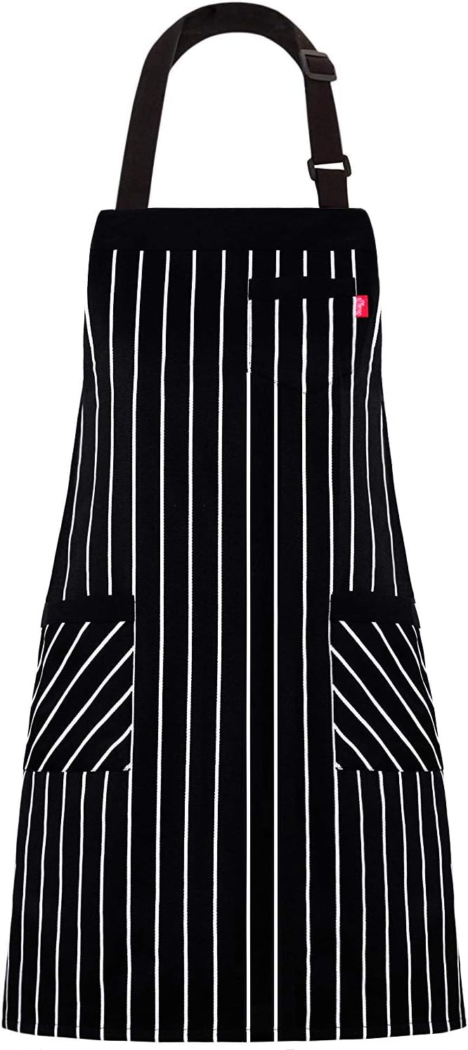 Aprons for Women and Men, Kitchen Chef Apron with 3 Pockets and 40" Long Ties, Adjustable Bib Apron for Cooking, Serving - 32" x 28" - Black/White Pinstripe - 1 Pcs