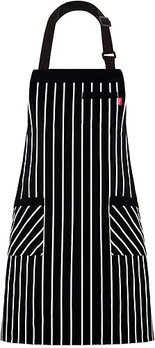 Delantal de cocina ajustable con bolsillos y cintas largas para mujeres y hombres, negro, blanco (4), 1 unidad