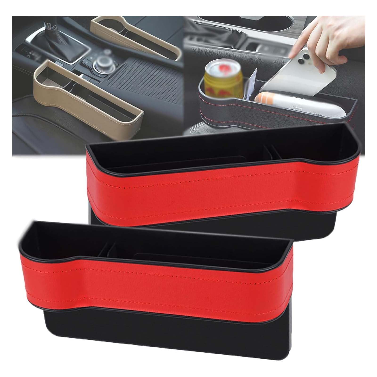 Godemmio Deliberatek Leather Multifunctional Car Seat Organizer, Presencte Leather Multifunctional Car Seat Organizer, Leather Car Seat Organizer Black, Universal Gap Storage Box (Red, a pair)