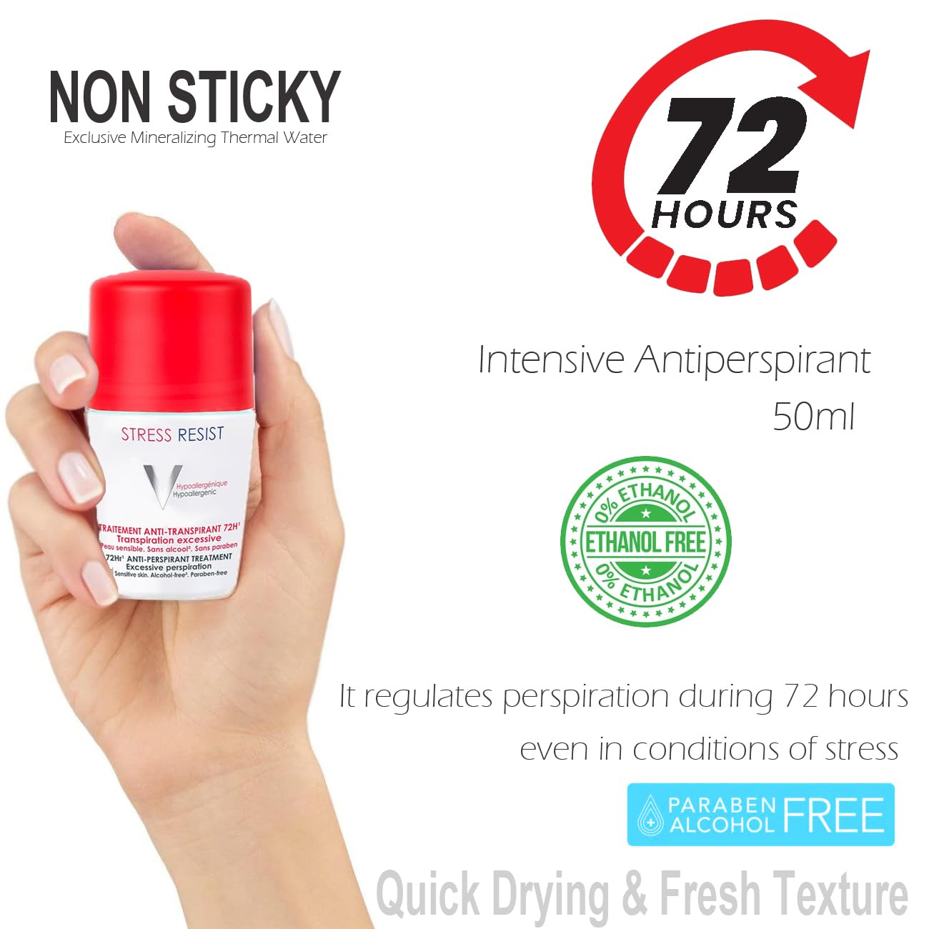 72Hr Sweat Odor Stress Resist Protection | Anti-Perspirant Roll-on Deodorant | Dry-Touch 50mL Deo 4 Sensitive Skin - Image 2