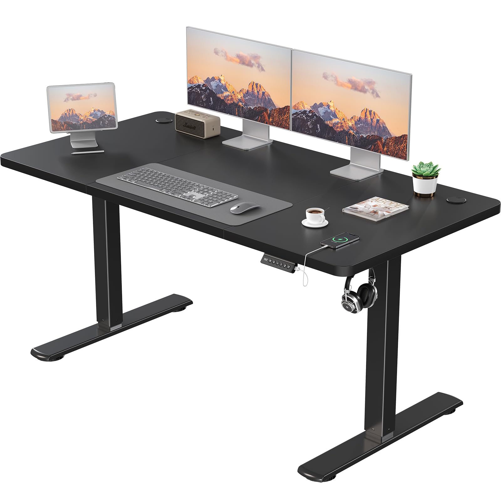 Electric Desk Height Adjustable with USB Charging Port, Height Adjustable Desk, Ergonomic Sit Stand Desks 160 x 70 cm, Black