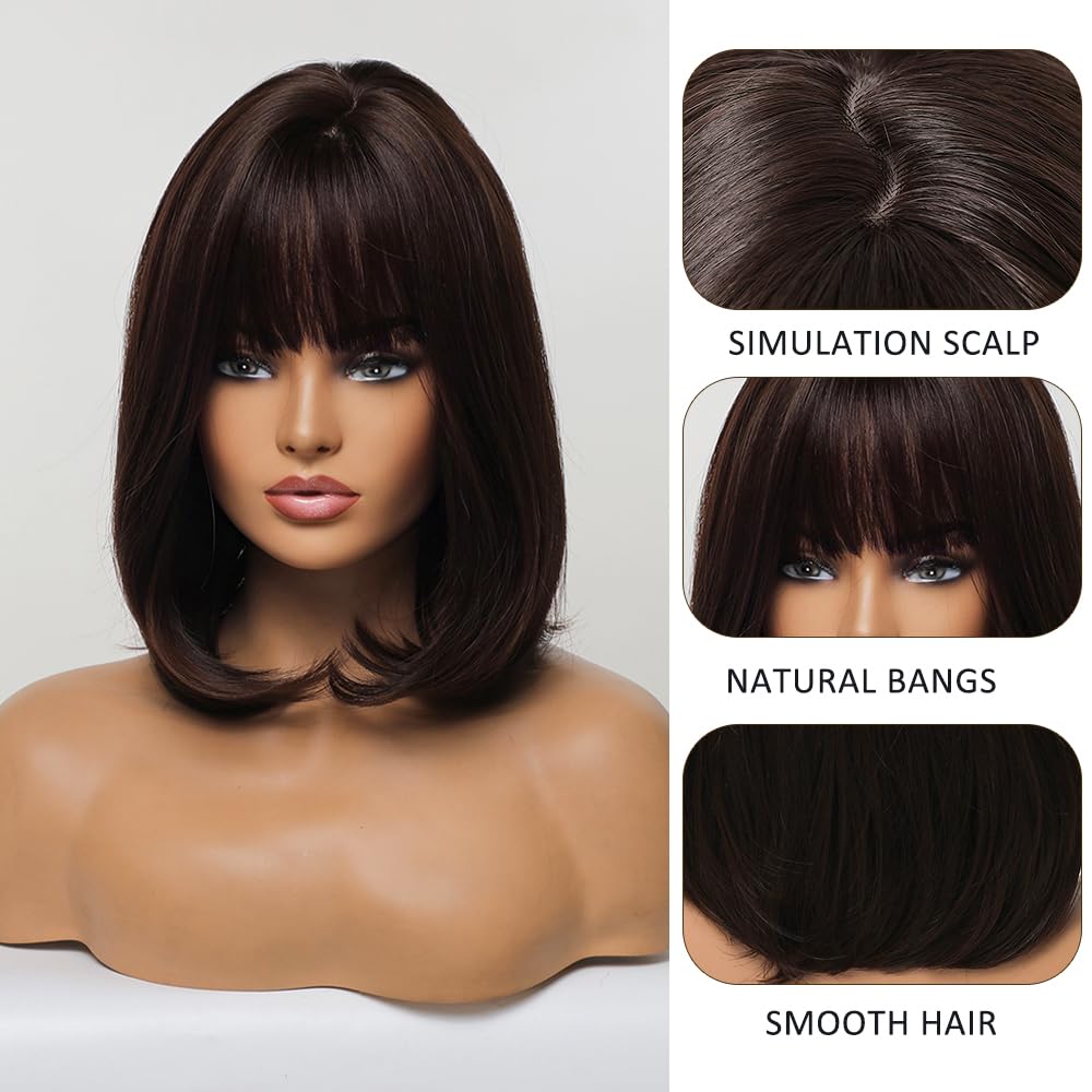 Perruque Courte Ondulée Marron Foncé Avec Frange - Longueur 30 Cm, Fibre Synthétique, Neuf Avec étiquettes