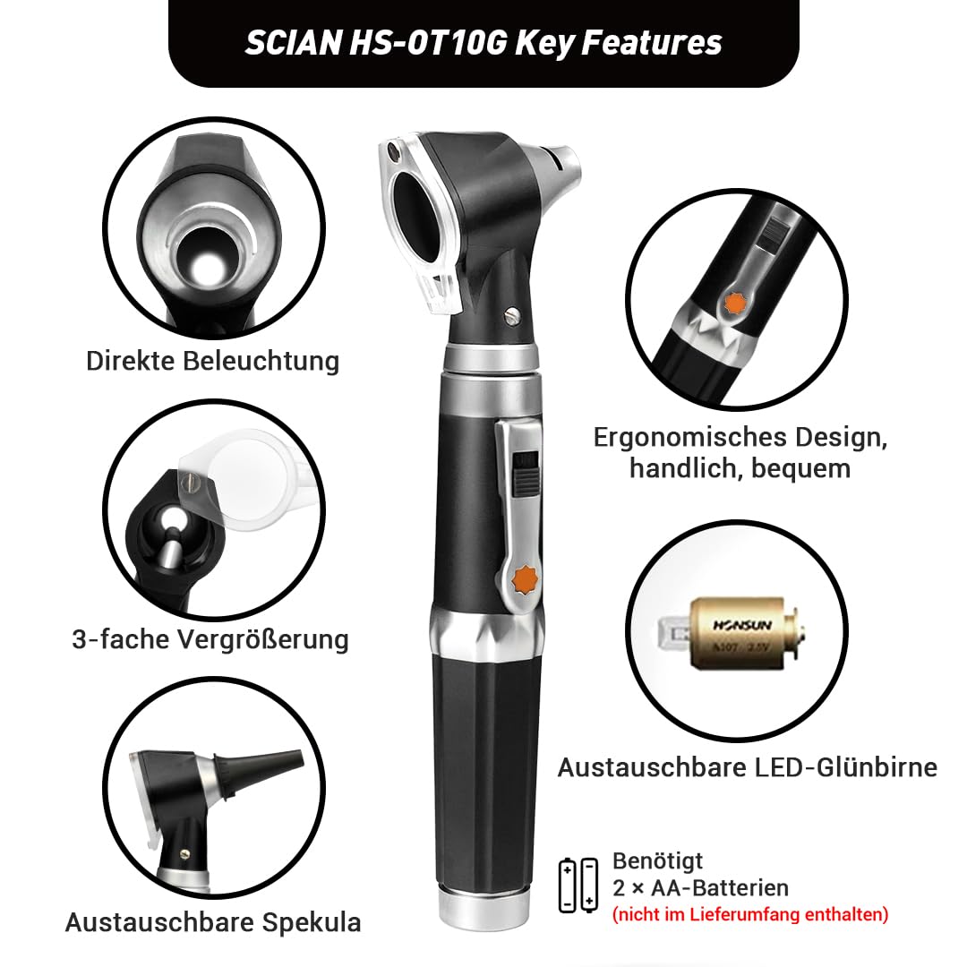 SCIAN Otoscopio con luz, detector de infecciones auriculares y bolsa para otoscopio, incluye estuche de plástico duro, adecuado para niños, adultos, médicos, mascotas, disponible en varios colores