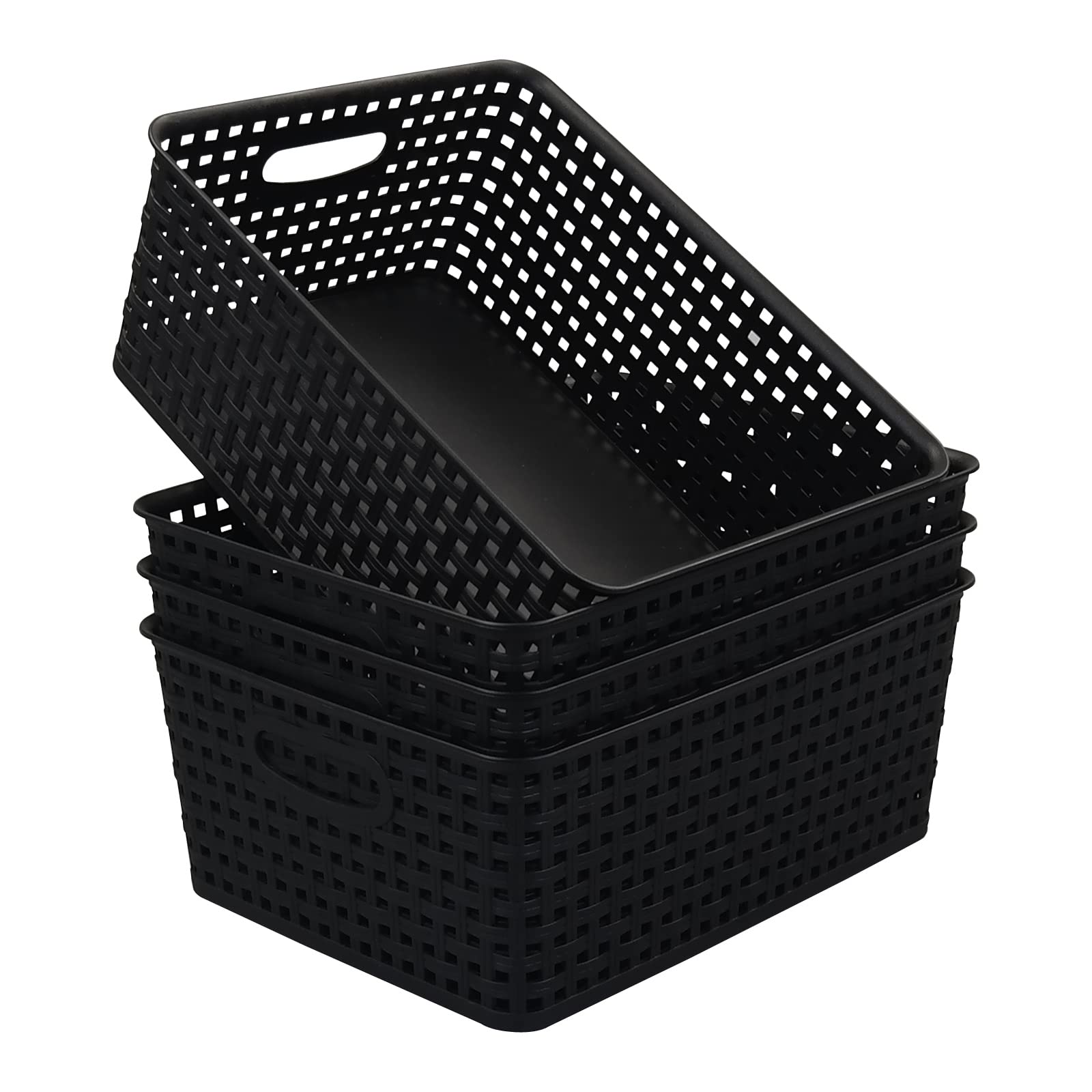 Morcte Plastic Weave Shelf Basket, 4-Pack Plastic Baskets Organizer, Black