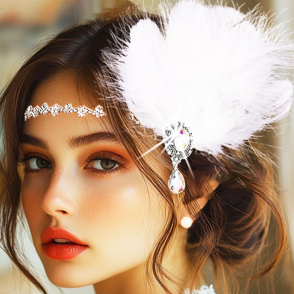 1920s Flapper Headpiece White Feather Headband Rhinestone Prom Party Head Accessories for Women - Image 6