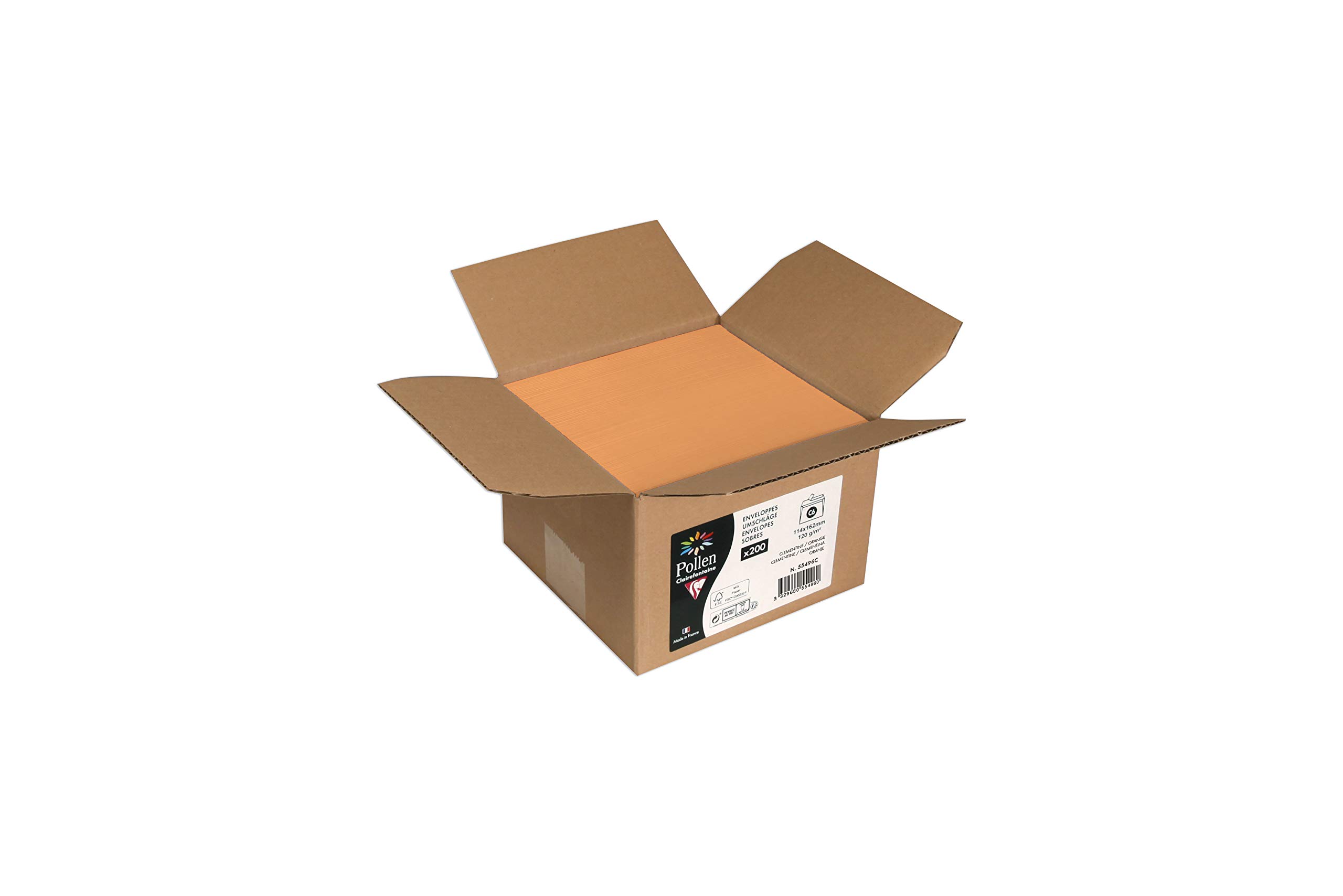 Clairefontaine 55496C - Pacco da 200 Buste autoadesive - Formato C6 (11,4x16,2cm) - 120g/m² - Colore Mandarino -Invito Eventi e Corrispondenza - Gamma Pollen - Carta Premium Liscia