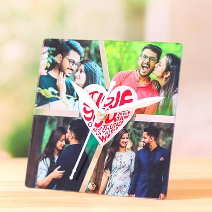 giftsnplaques Acrylic Personalized/Customized Clock with Photo4 Photos & Message Printed Square Shape Table ClockGift for Him Or Her(Size 6 x 6)