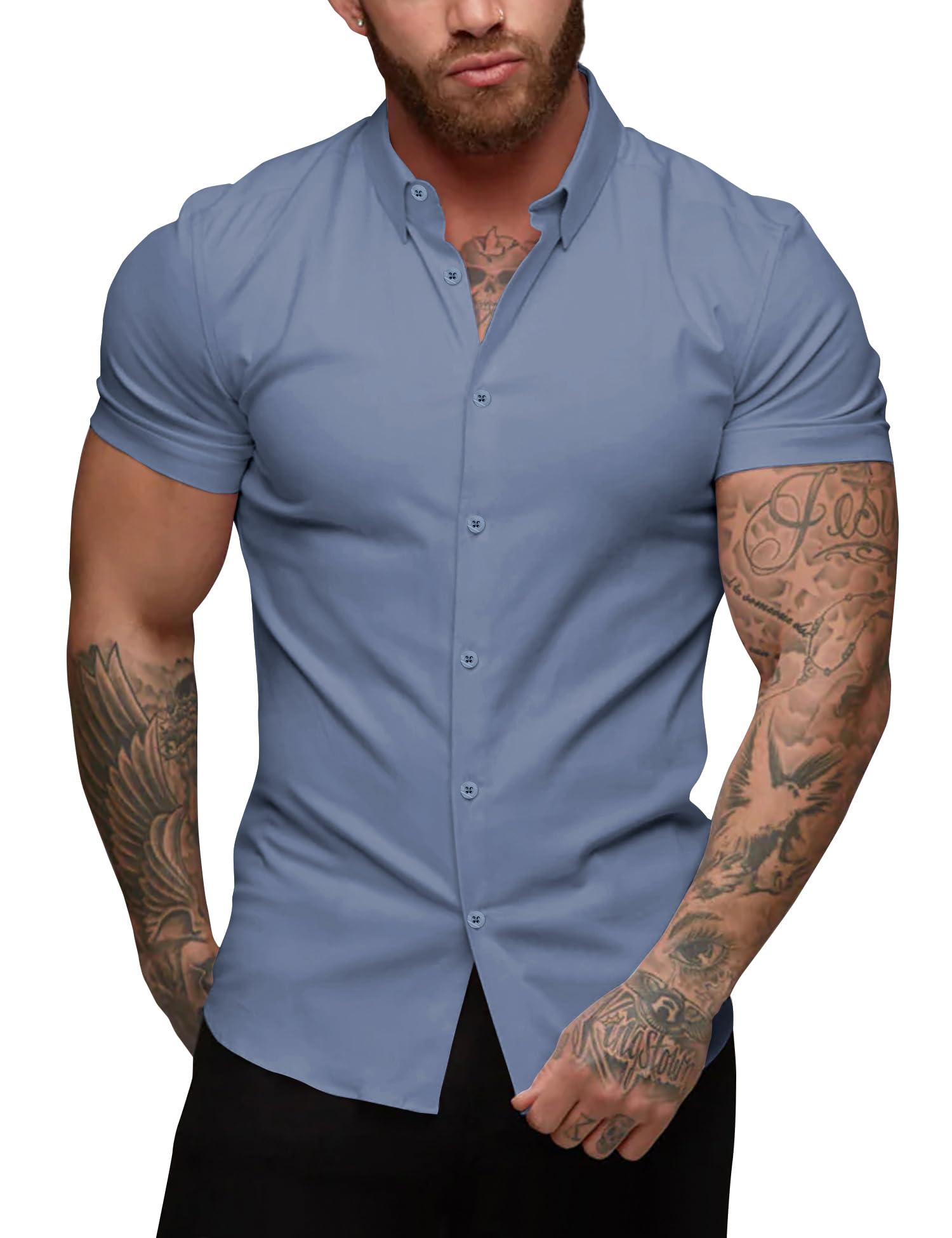 URRU Men's Muscle Dress Shirts Slim Fit Stretch Short Sleeve Casual Button Down Shirts for Men