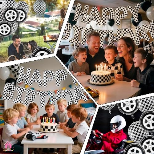 Image of Party Warehouse Happy Birthday Foil Balloon Banner-Black & White Checkered Racing Theme Letter Balloons|Car & Speed Inspired Birthday Decoration for Kids,Teens & Adults|Air Fill Hanging Decor-16 inch
