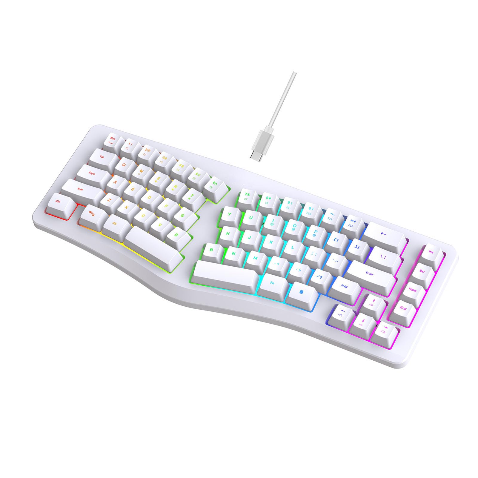 Annadue Tastiera ergonomica divisa a 69 tasti, 18 modalità RGB, USB C staccabile, tasti silenziosi, tastiera compatta cablata per/per Linux (ufficio/gioco/casa) (bianco)
