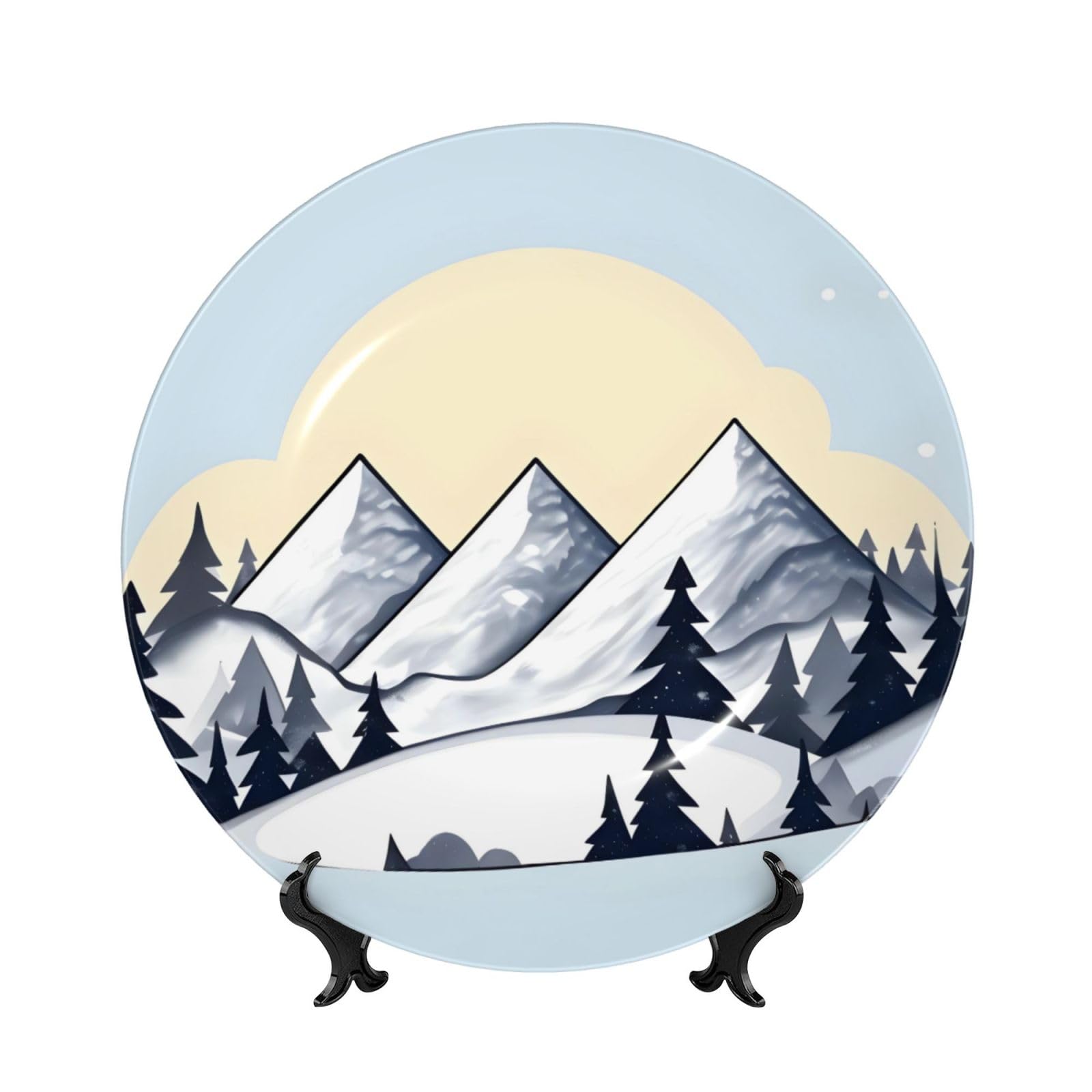 SXZVVBN White Snowy Mountains Bone China Decorative Plate Art with Stand Removable Adhesive Hanging for Home Office 7in