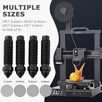 6 pcs Hardened Steel Nozzles for Centauri, 0.2 0.4 0.6 0.8 mm Thread Print Head High Temperature Pointed Nozzles for Elegoo-Carbon 3D Printer Highflow Hotend Extruder (Color:Black)