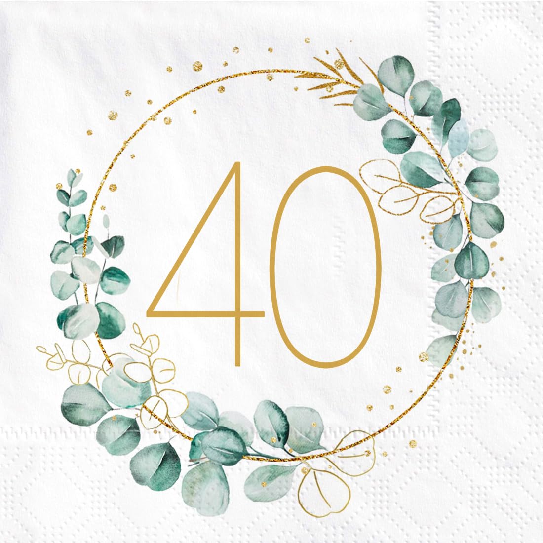 VEGCOO 48 Serviettes Papier Anniversaire Vert Sauge + Confettis – 33x33 Cm, Thème Eucalyptus 40 Ans, Fête Élégante