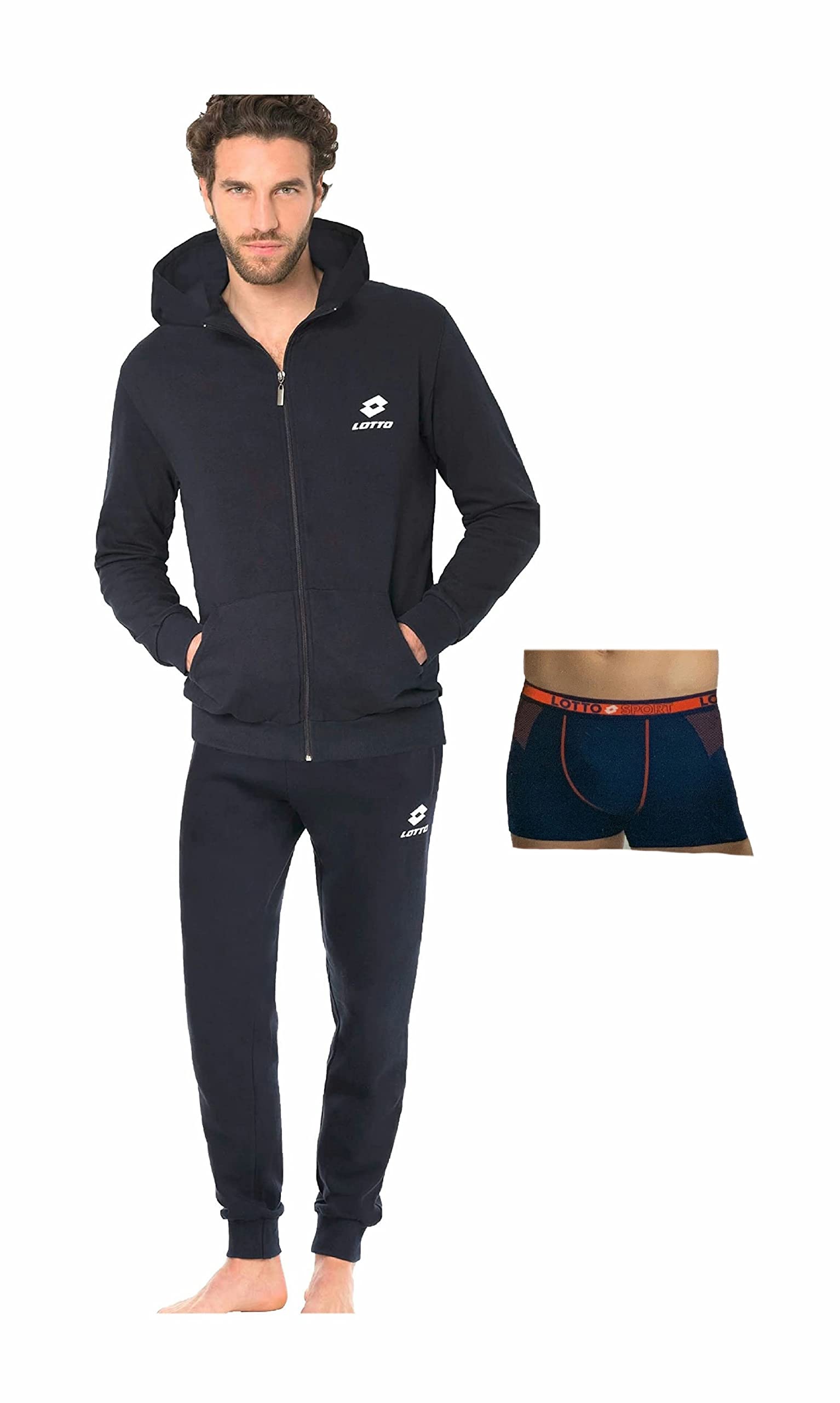 LOTTO Tuta Uomo Invernale + T-Shirt/Boxer in Omaggio Tuta Uomo in Felpa di Cotone GARZATO con Zip Intera Tuta Uomo Completa (Felpa Nero+Pantalone Nero+Boxer, XXL)