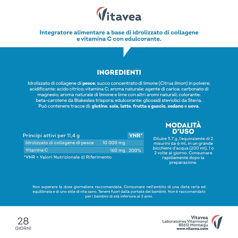 Collagene Marino in Polvere con Vitamina C - 10000 mg Peptidi di Collagene di Pesce - Collagene Idrolizzato - Collagene da Bere - Articolazioni - Anti-Age Pelle - Aroma Limone e Lime - Vitavea