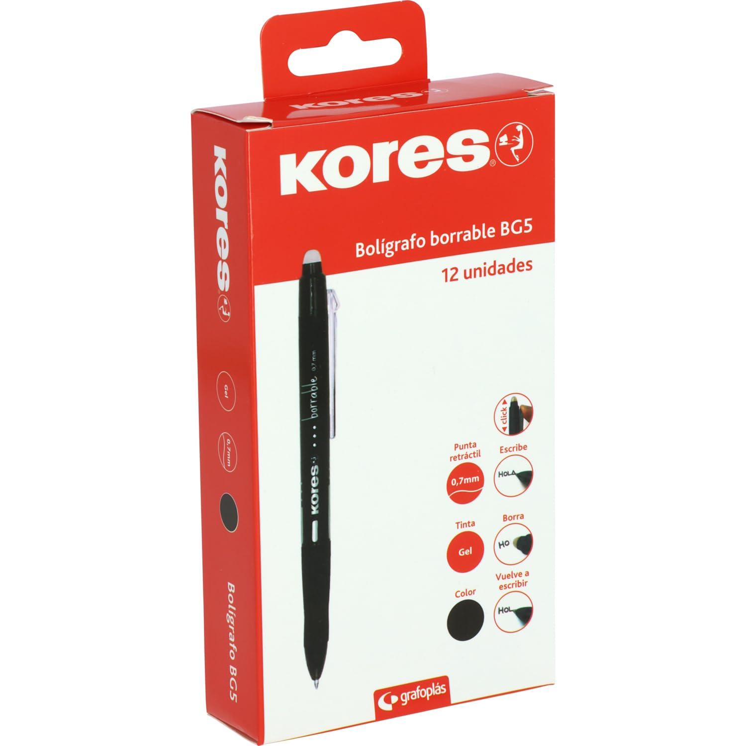 Kores | Pack of 12 BG5 Black Erasable Pens | Gel Ink | 0.7 mm Tip | Retractable | Ergonomic Grip | No Smear | No Damage Paper | Leaves No Rubber Remains | Perfect School and Office Supplies