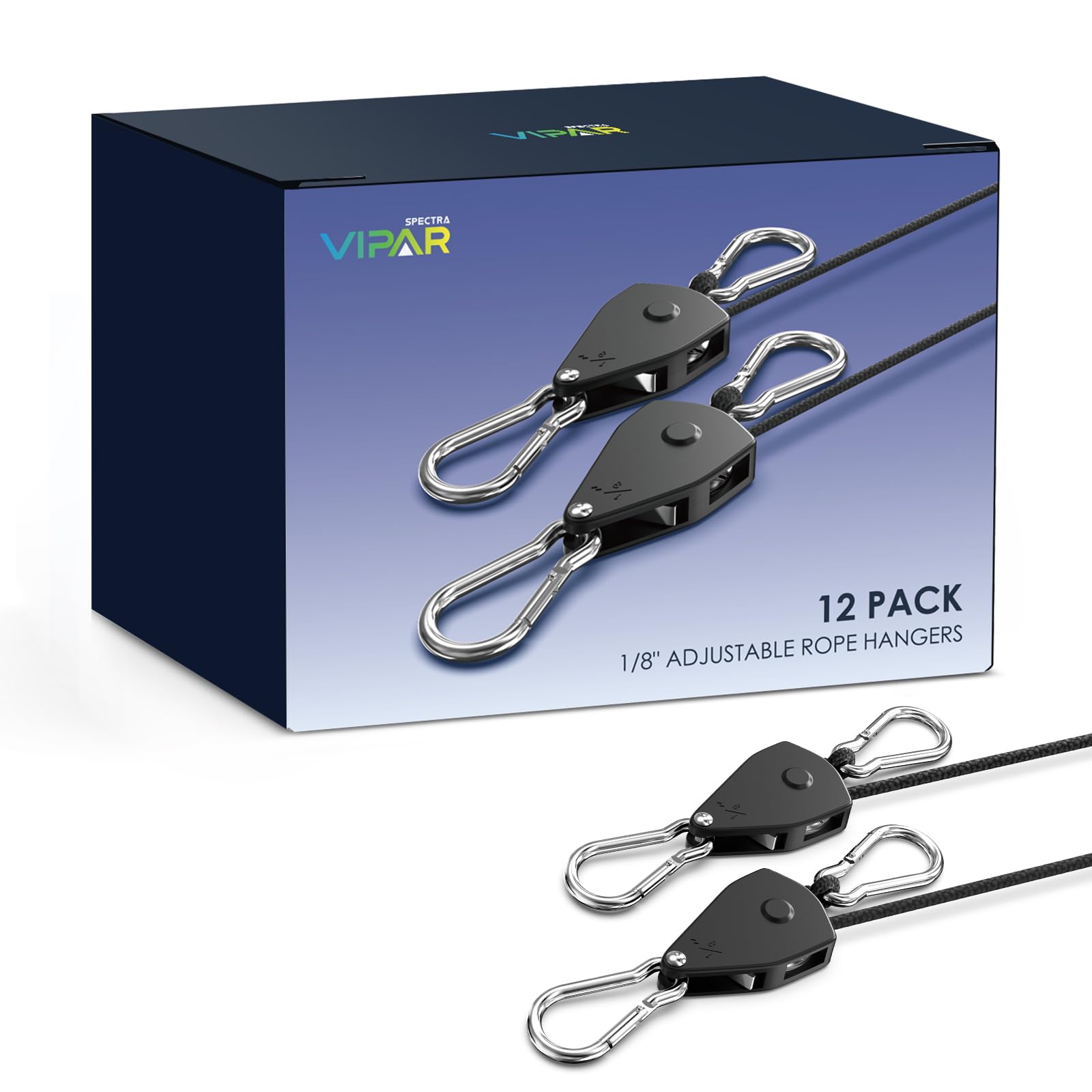 Retractable Heavy Duty Ratchet Tie Down Straps [12 Pack, 8ft, 75lbs/Pack], Rope Pulley System with Carabiner Hook for Hanging Plants/Grow Light/Tents Various Tie-Down Uses