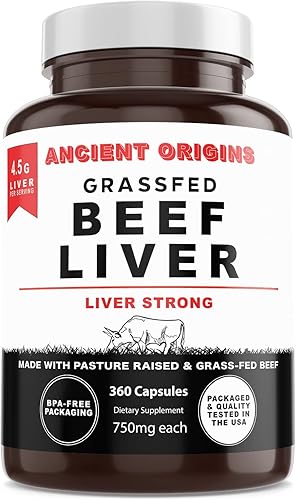 Ancient Origins Hígado de carne de res alimentado con pasto 4500 mg (360 cápsulas, 750 mg cada uno) - Suplemento de órganos de carne desecada, 100% disponible en Yaxa Colombia