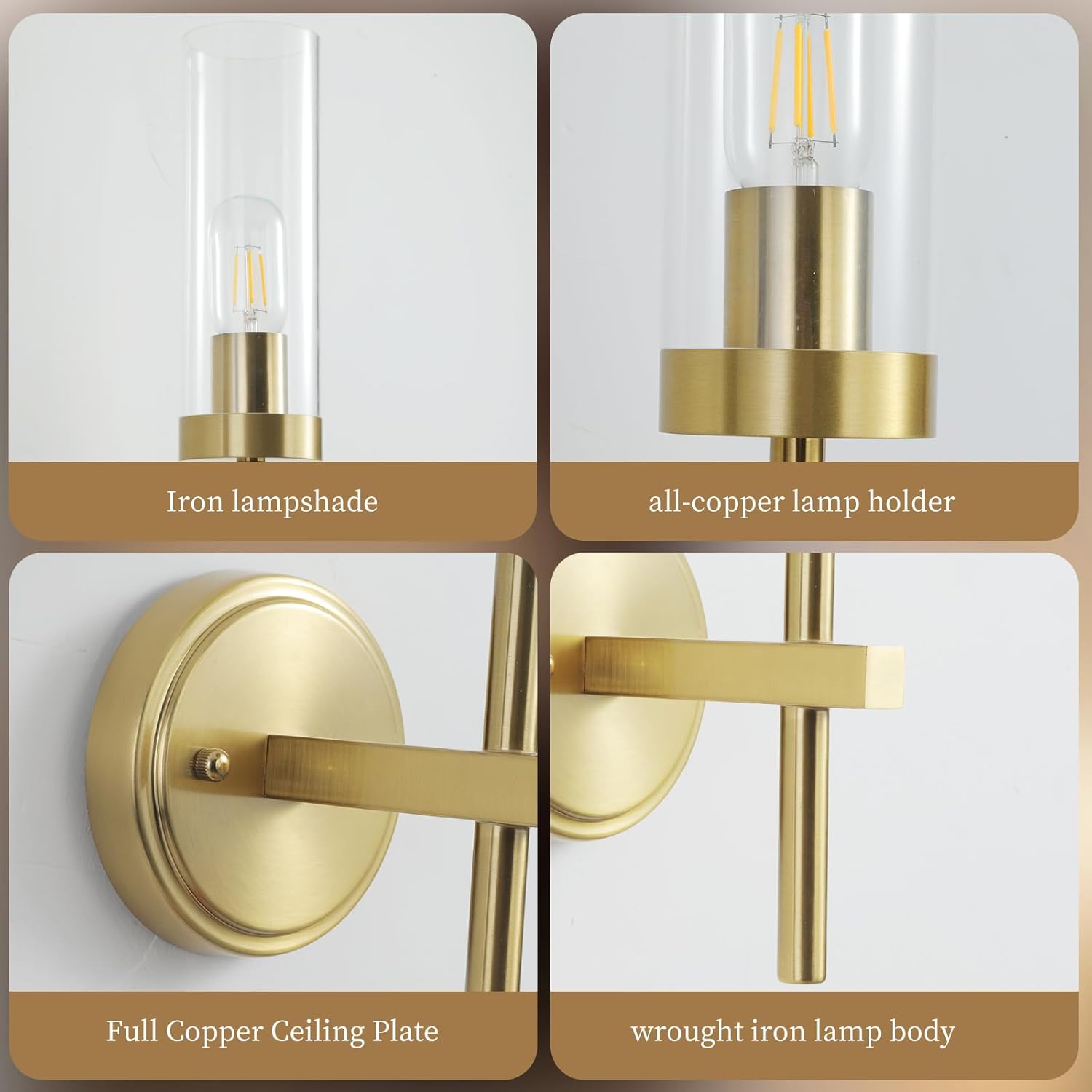 HOREVO Single Acrylic Wall Sconce - Solid Brass Finish Vanity & Bedside Lamp, Modern Hardwired Light Fixture for Bathroom, Bedroom, Hallway, E27/E26 Compatible (Bulb Excluded)