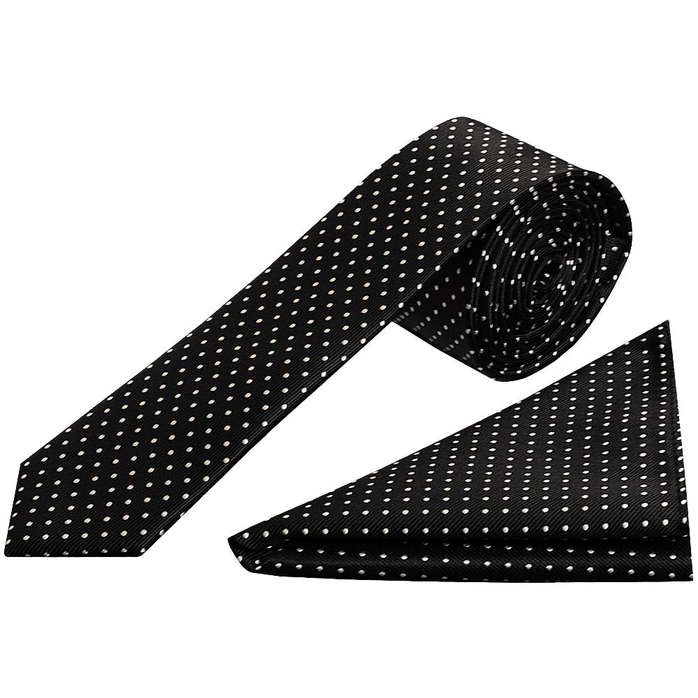 Handmade Black and White Polka Dot Skinny Men's Tie Pocket Square Set Wedding