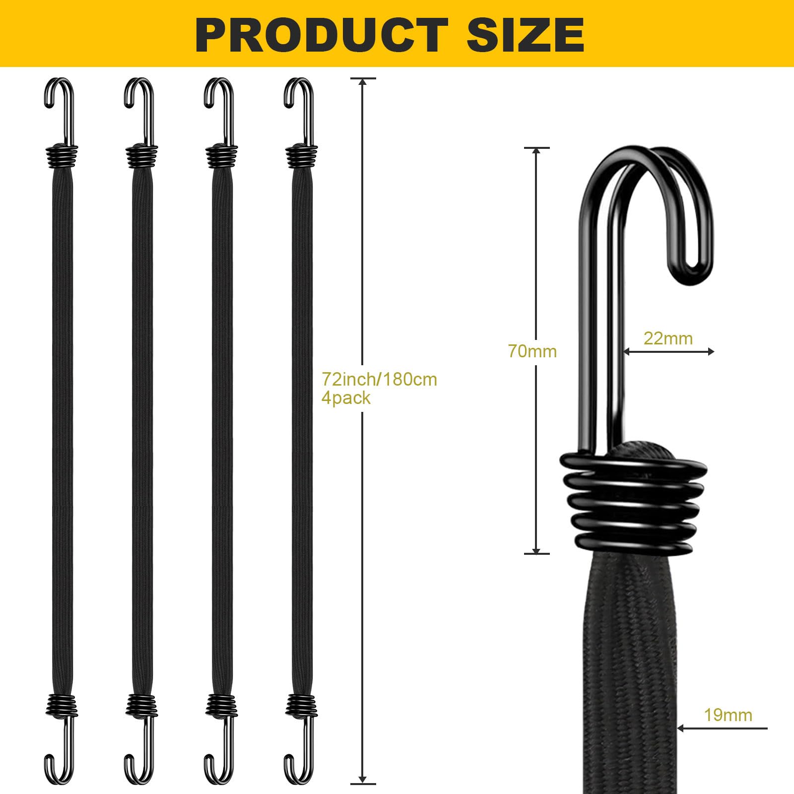 Cordones elásticos con ganchos resistentes, correas elásticas planas y fuertes de 72 pulgadas para exteriores, distribución segura de carga, cuerda elástica de grado industrial para asegurar equipaje