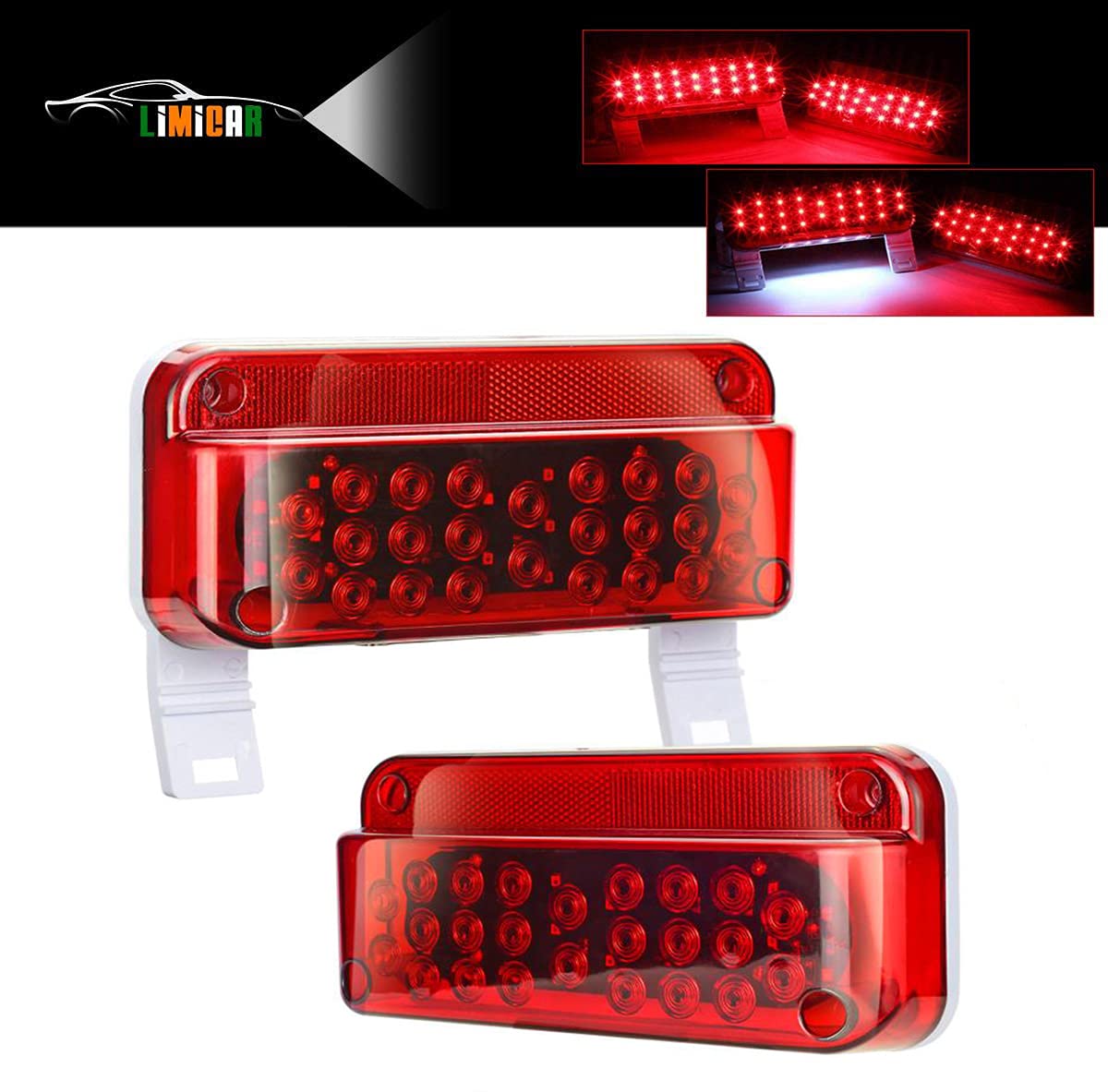 LIMICAR RV Tail Lights LED, 53 LED Red RV Camper Trailer Tail Lights, Stop Turn Signal Brake Tail Light White License Plate Light with Red Cover Reflex Lens Rectangular Camper Tail Light Assembly
