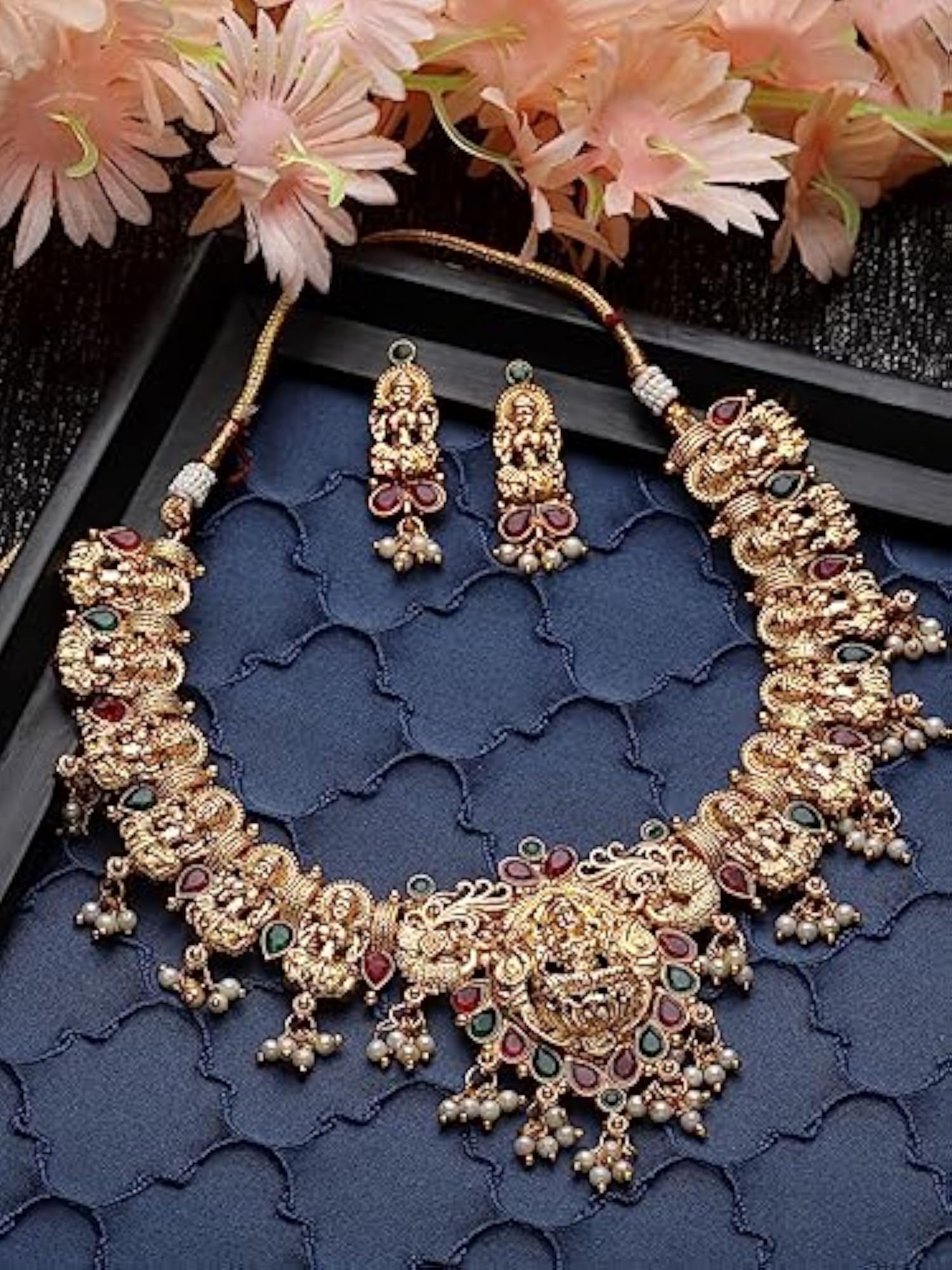 Plated Copper Temple Collar Necklace Set with Earrings