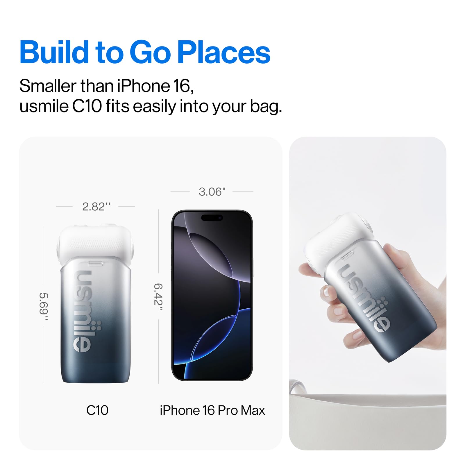 usmile C10 Portable Water Flosser – Travel-Friendly, 95-Day Battery, 4 Modes, 360° Nozzle, 180ml Tank, IPX7 Waterproof, Dentist-Recommended for Braces, Implants & Sensitive Gums (): Black