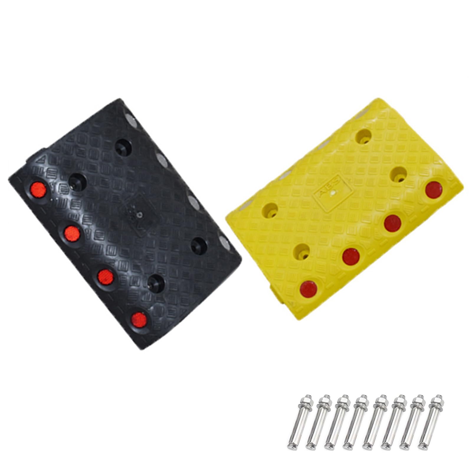 Badenes para Garaje de Plástico PE, 2 Unidades Reductores de Velocidad con Película Reflectante y 8 Pernos, 35x25x4,5cm, para Aparcamientos Comunitarios y Garajes
