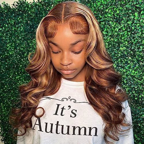 Image of Pizazz Honey Blonde Lace Front Wigs Human Hair Pre Plucked with Natural Hairline 13x4 Glueless Wigs Human Hair 180 Density 4 /27 Highlight Body Wave Lace Frontal Wigs 20 Inch