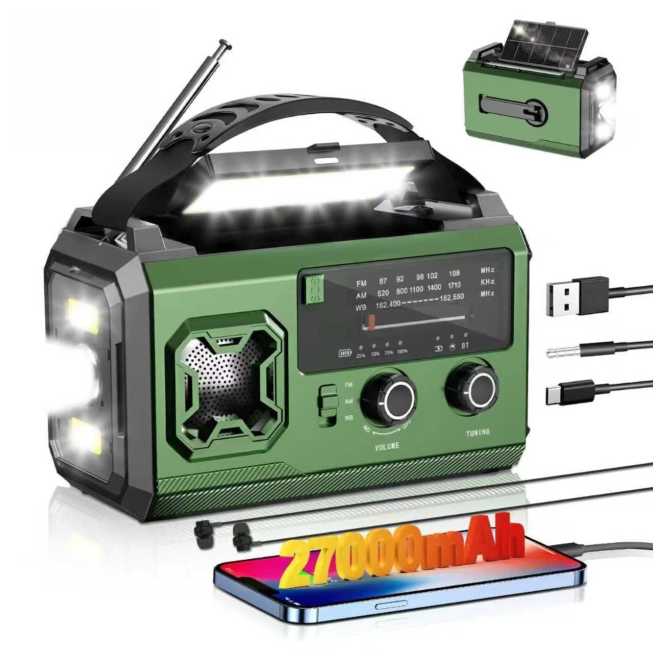 27000 mAh Radio Manovella,AM/FMPortatile RadioSolare di Emergenza con Bluetooth/Luce diLettura/Torcia/Bussola/Allarme SOS/Power Bank, Batteriaricaricabile per Campeggio,Viaggi