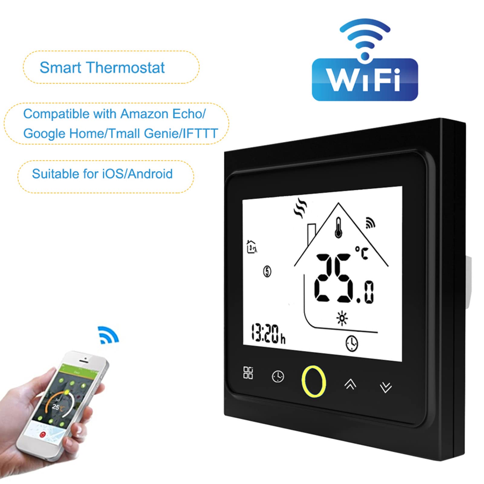 Pantalla táctil LCD, termostato de calefacción inteligente de caldera de alta precisión, control digital para uso doméstico, color negro