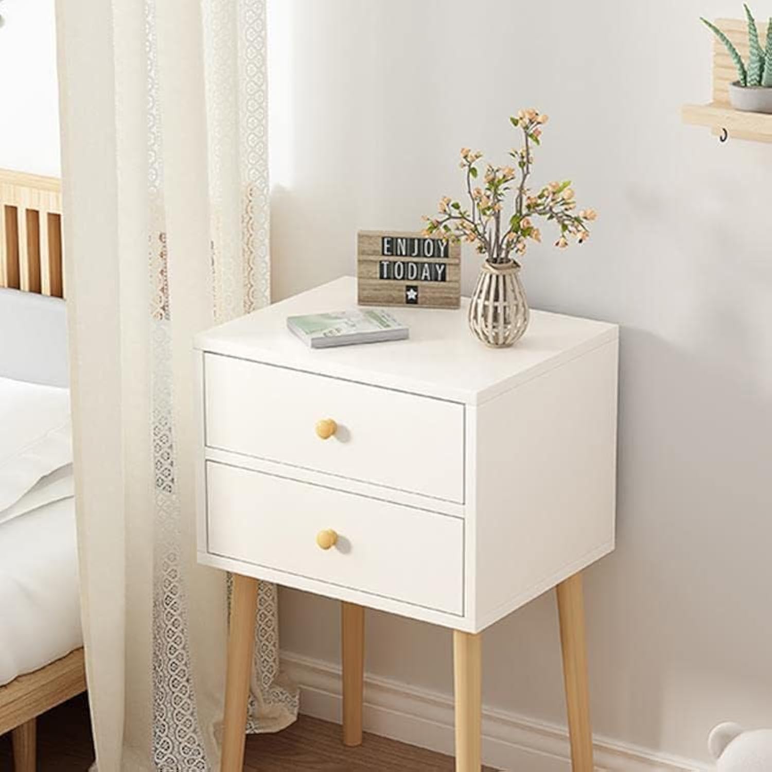 XAOSU Nightstand with Drawers, Modern Small End Table with Solid Wood Legs, Practical Minimalist Bedside Table, Storage Cabinet for Bedroom, Living Room (2 Drawers, White)