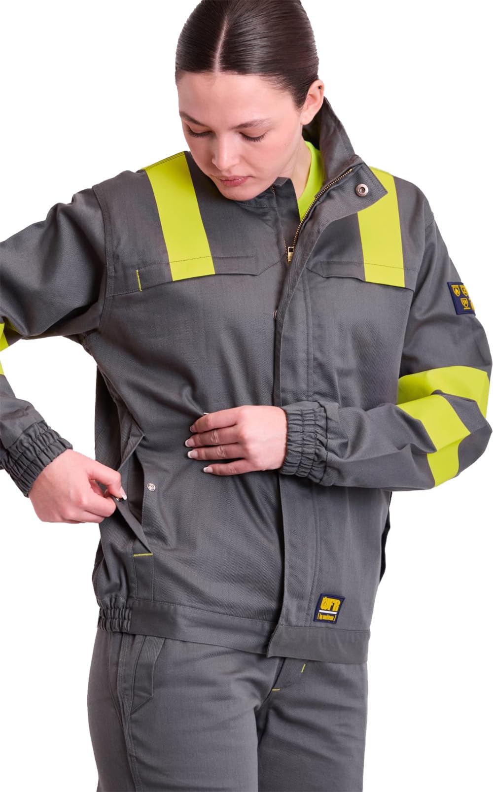 WORKTEAM B1196 Cazadora Ignífuga, Antiestática con protección para Soldadura y Arco Eléctrico, Visibilidad Realzada, Cintas Fluorescentes Amarillas y Triple Costura. Unisex