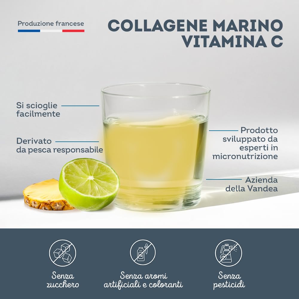 Collagene Marino in Polvere con Vitamina C - 10000 mg Peptidi di Collagene di Pesce - Collagene Idrolizzato - Collagene da Bere - Articolazioni - Anti-Age Pelle - Aroma Limone e Lime - Vitavea