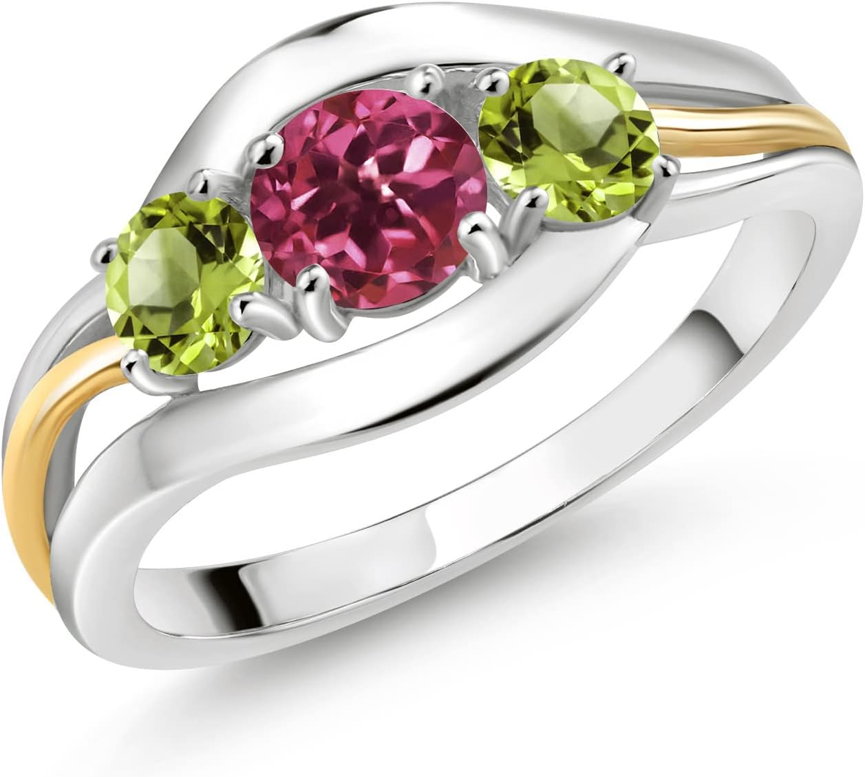 Gem Stone King 925 Sterling Silver and 10K Yellow Gold Round Pink Tourmaline and Green Peridot 3 Stone Ring For Women (1.12 Cttw)