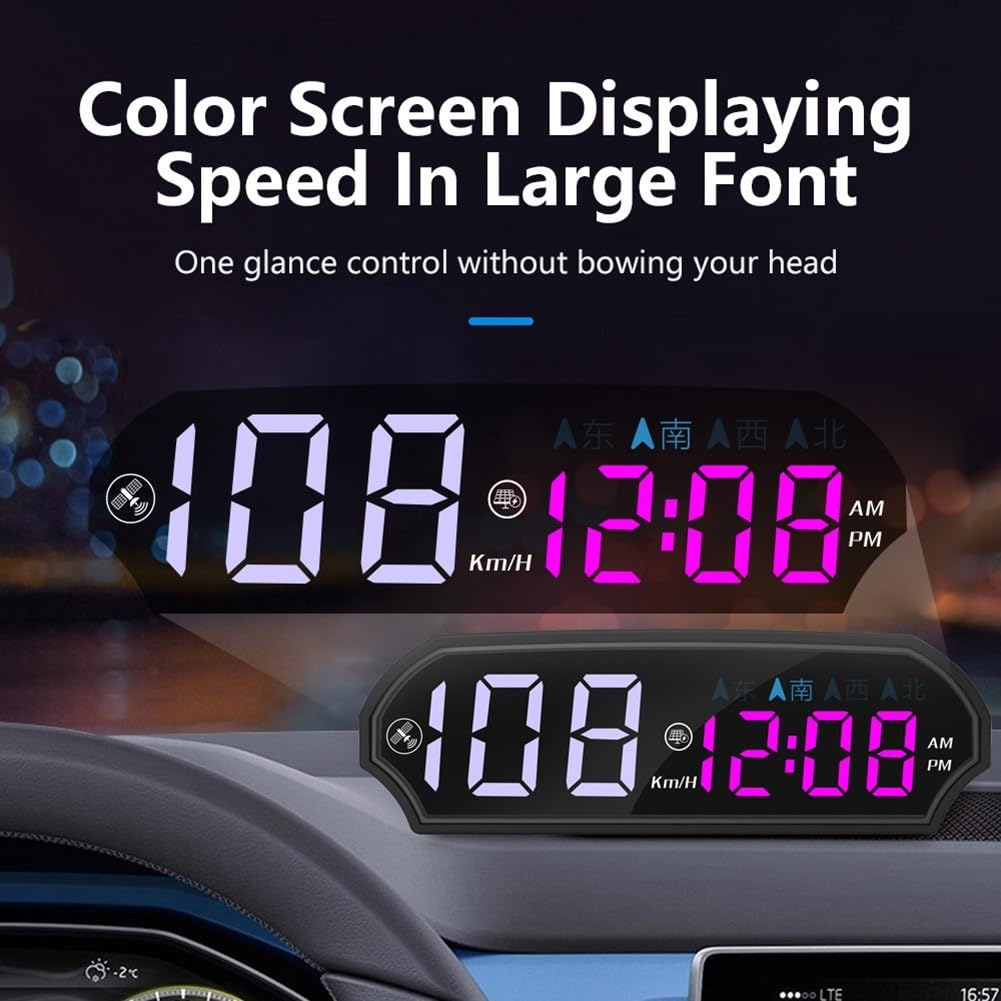 Tachimetro GPS a energia solare con bussola per auto, display a colori a LED HD, accensione e spegnimento automatico, km/h, adatto alla maggior parte dei veicoli, supporto HUD da cruscotto