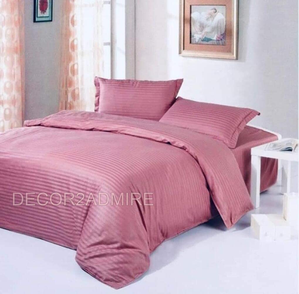 DECOR2ADMIRE 300 TC Cotton Plain Stripe Queen Size Double Bedsheet for Double Bed with Two Pillow Covers (Queen, Blush Pink, 90 * 100 Inches)