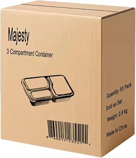 MAJESTY 3-Compartment Food Container with Clear Lid, 35oz, Pack of 50, Black, Microwaveable, Freezer safe, Air Tight, Plastic, BPA free, Takeaway Food Packaging Box